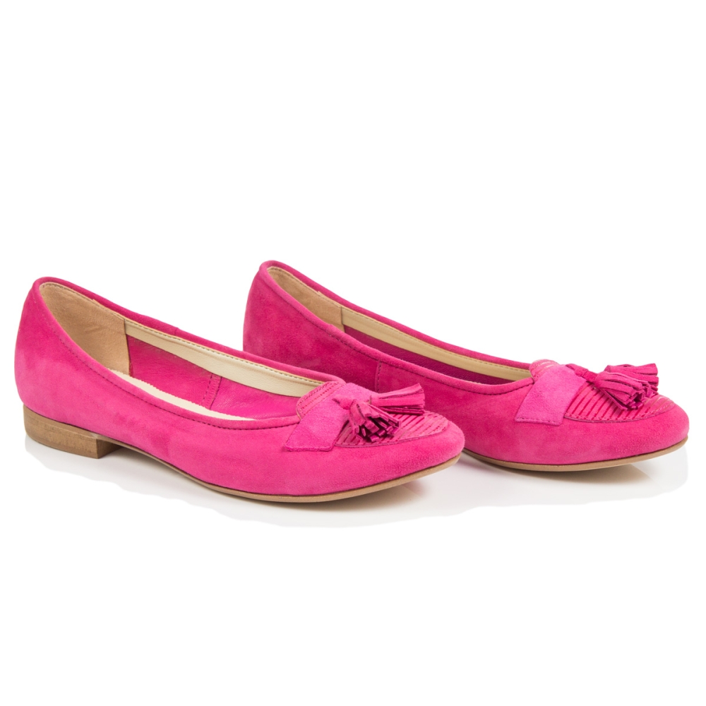 Fuksjowe zamszowe baleriny z frędzlami Alexio Giorgio