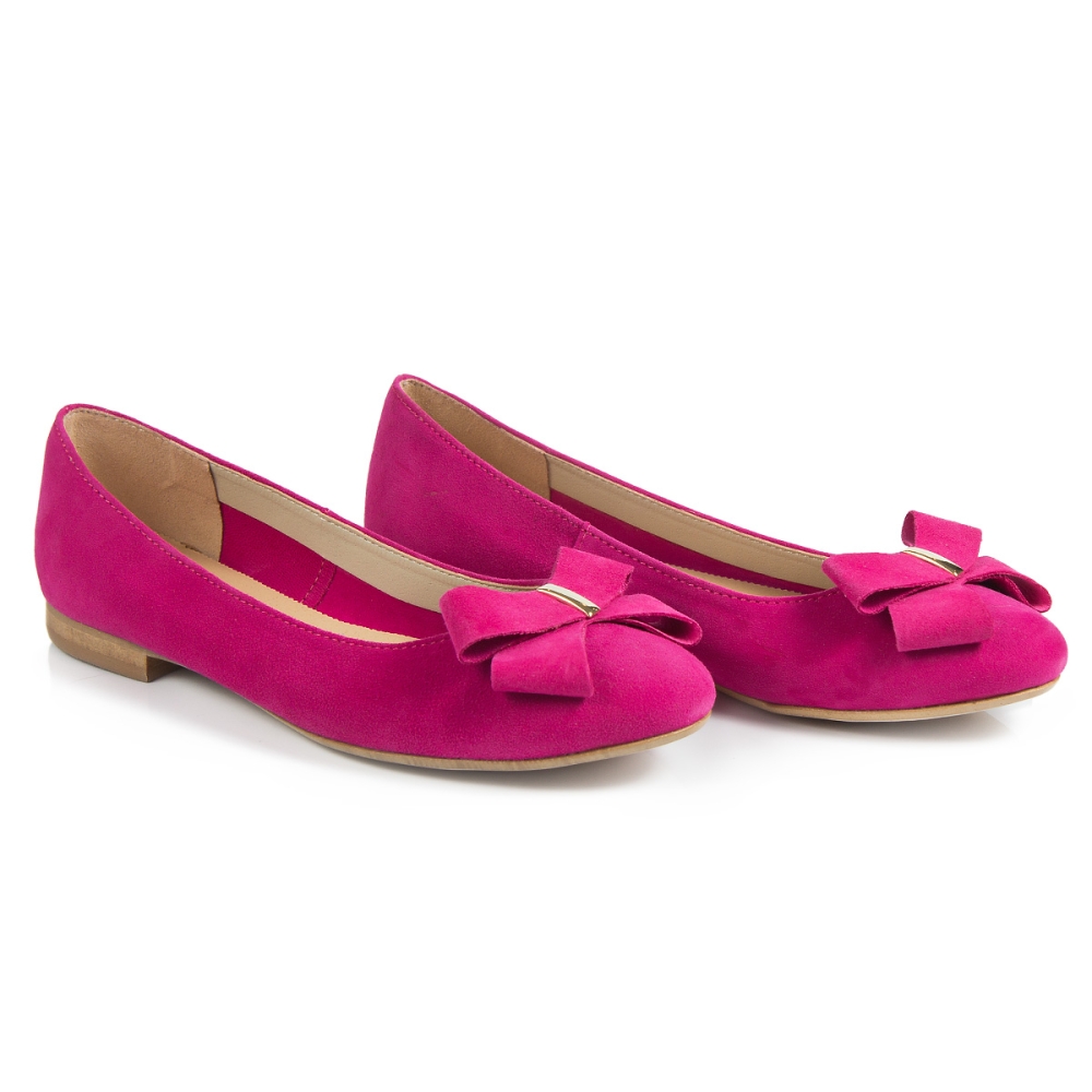 Różowe zamszowe baleriny z lakierowanym noskiem i kokardką Alexio Giorgio