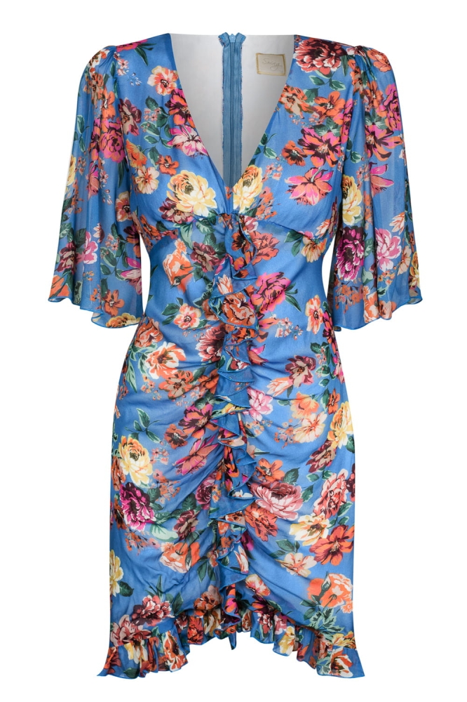 Niebieska sukienka w kwiatki z rozkloszowanymi rękawkami Aria By Swing