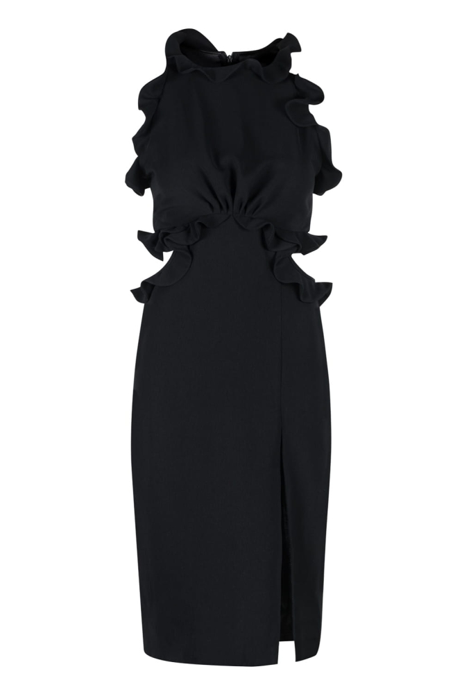 Czarna ołówkowa sukienka z falbankami przy ramionach i głębokim rozporkiem Agnes by Swing