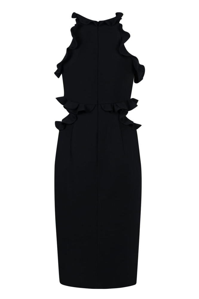 Czarna ołówkowa sukienka z falbankami przy ramionach i głębokim rozporkiem Agnes by Swing