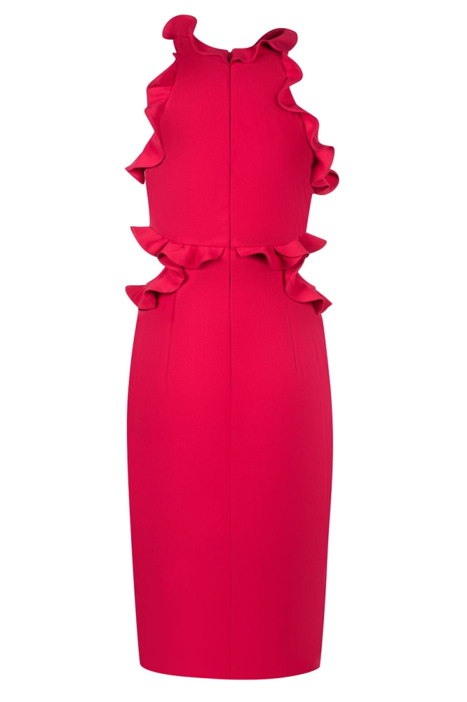 Czerwona ołówkowa sukienka z falbankami przy ramionach i głębokim rozporkiem Agnes by Swing