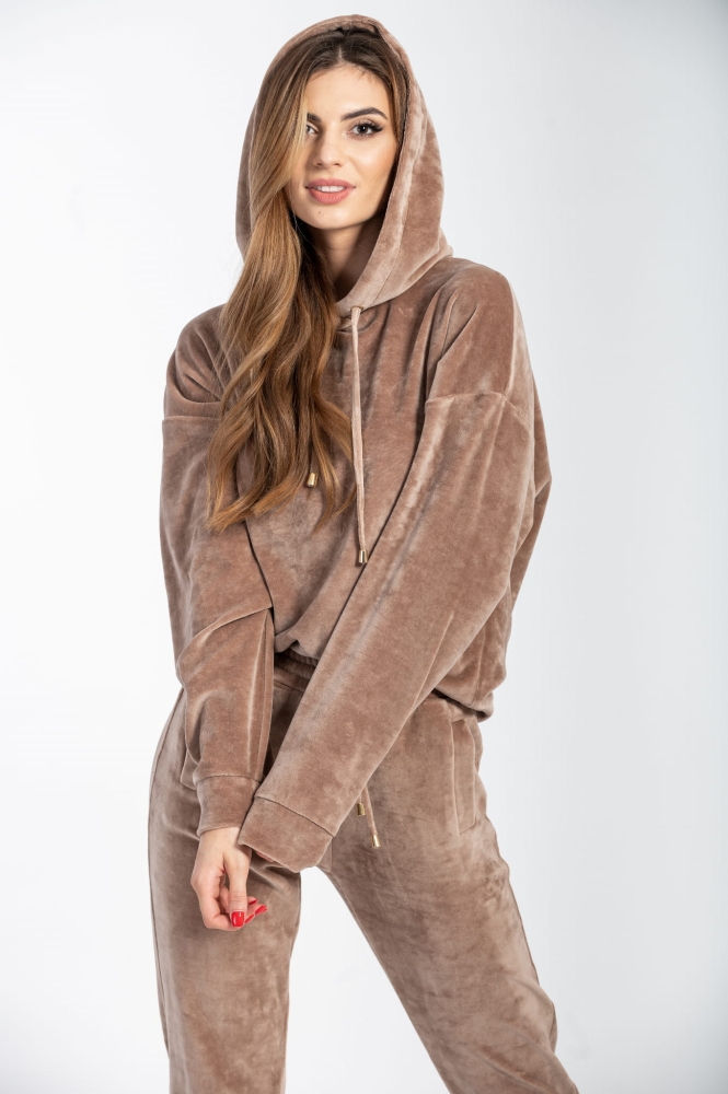 Ciemno beżowy trzyczęściowy welurowy dres z kapturem Fallon by Swing