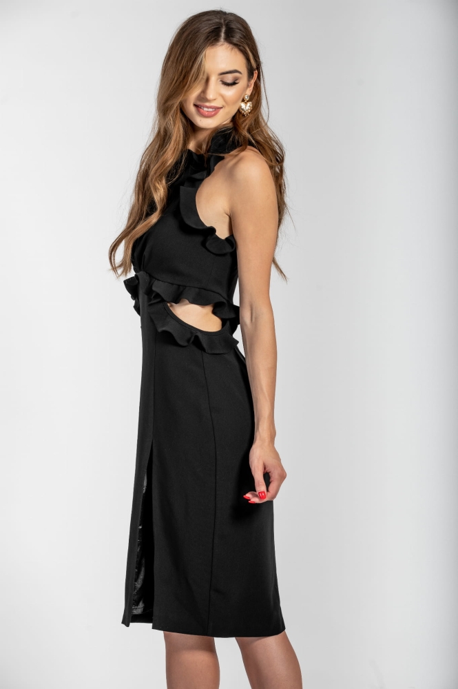 Czarna ołówkowa sukienka z falbankami przy ramionach i głębokim rozporkiem Agnes by Swing