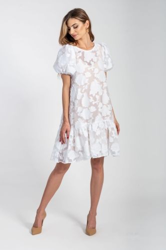 Loose dress in white roses with ruffle and buff sleeves Lauren by Swing