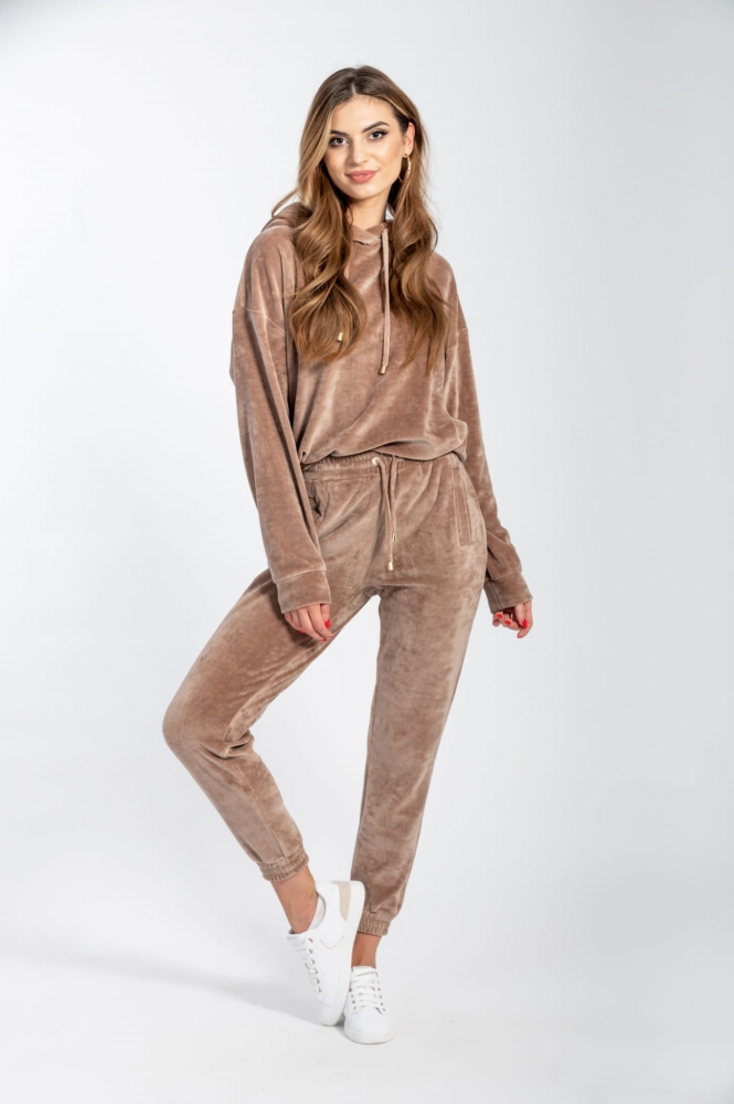 Ciemno beżowy trzyczęściowy welurowy dres z kapturem Fallon by Swing