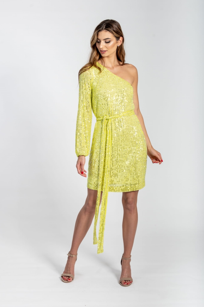 Zielona neonowa cekinowa sukienka na jedno ramię Marley by Swing
