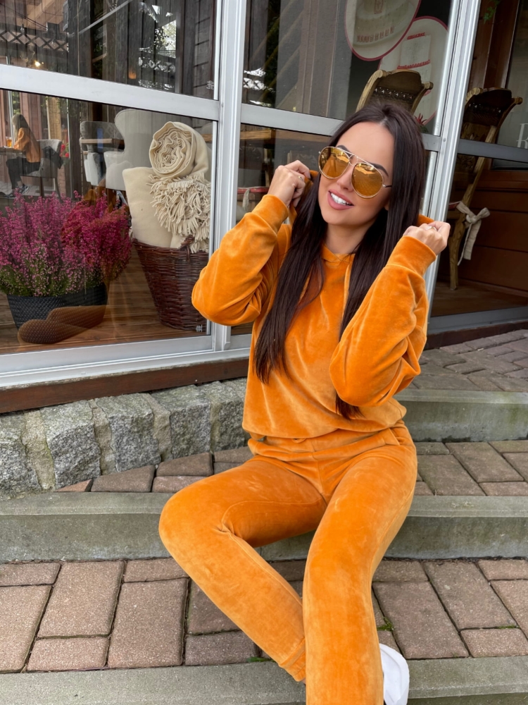 Musztardowy trzyczęściowy welurowy dres z kapturem Fallon by Swing miodowy pomarańczowy