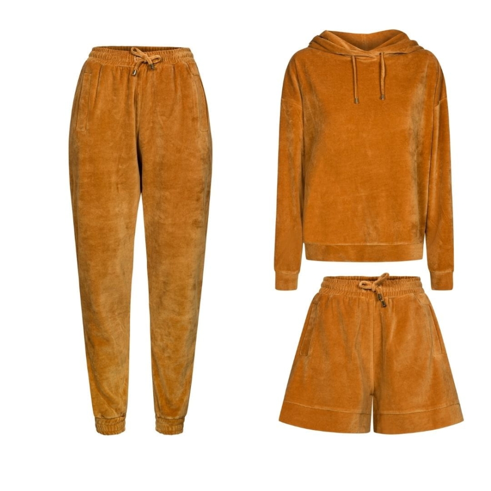 Musztardowy miodowy trzyczęściowy welurowy dres z kapturem Fallon by Swing