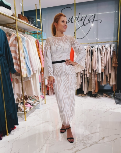 White long sequin embroidered dress with long, slightly flared sleeves Nadine by Swing