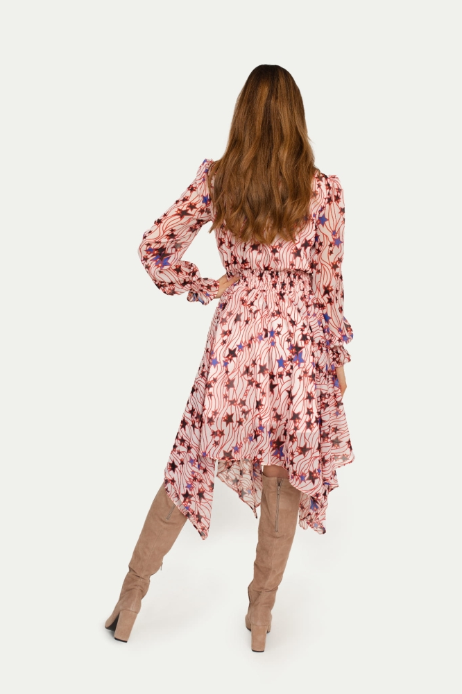 Zwiewna asymetryczna sukienka midi z długim rękawem w gwiazdki Rosanna by SWING