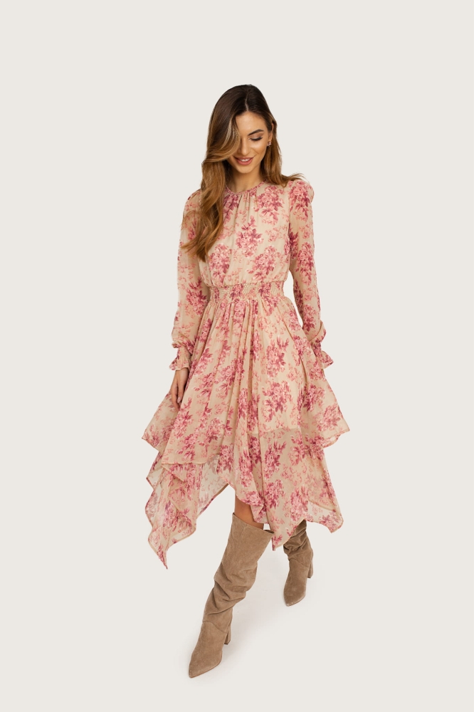 Romantyczna zwiewna sukienka midi w kwiaty na beżowym tle Rosanna by SWING