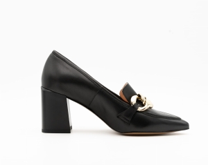 Black leather pumps on post with gold chain