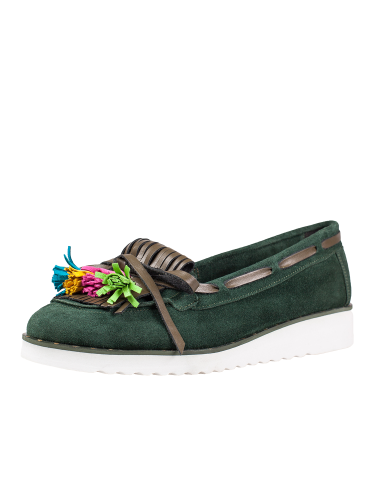 Green suede moccasins with colorful tassels