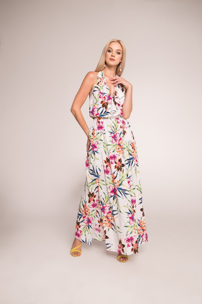 Długa letnia sukienka w kolorowe kwiaty Shindy Swing