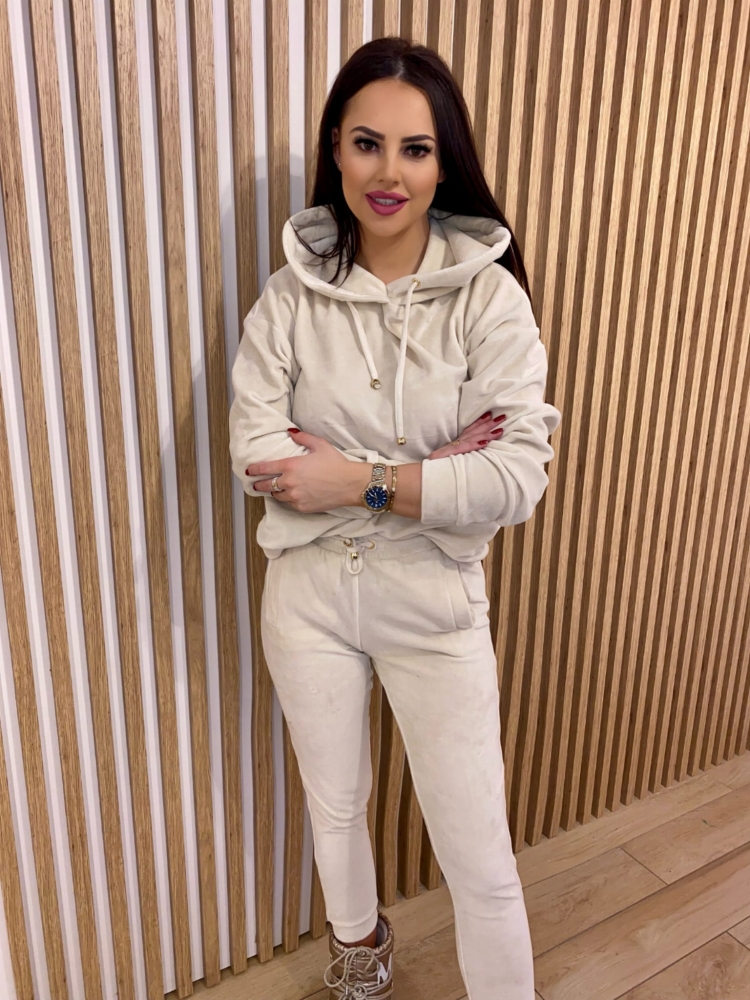Śmietankowe welurowy komplet dresowy ivory spodnie + bluza z kapturem Fallon