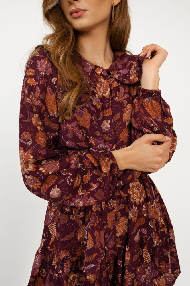 Bordowa sukienka w kwiaty z kołnierzykiem i bufiastymi rękawami Paris by Swing