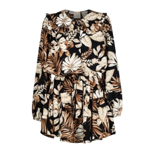 Black beige floral dress with collar and buff sleeves Paris by Swing