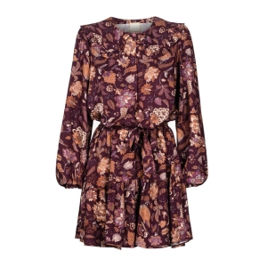 Maroon dress in autumn pattern with collar and buff sleeves Paris by Swing