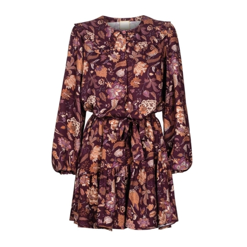 Maroon dress in autumn pattern with collar and buff sleeves Paris by Swing