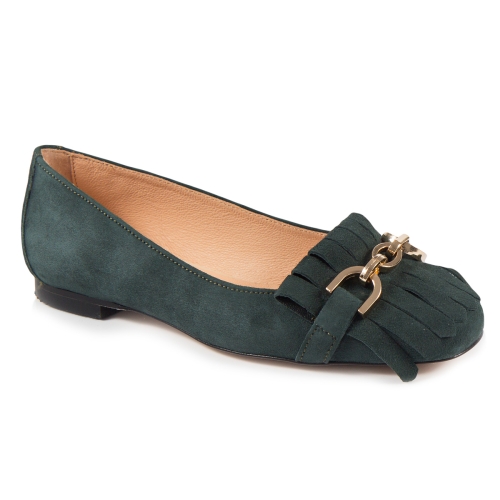Suede moccasins with gold buckle in bottle green
