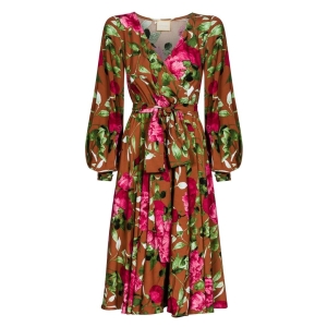 Flared floral midi dress with dark beige background Allison by Swing