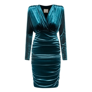 Velour draped dress in aquamarine color with tight fitting cut Jackson by Swing