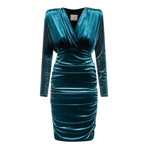 Velour draped dress in aquamarine color with tight fitting cut Jackson by Swing
