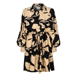 Oversize shirt dress in gold leaves on black background Bari by Swing