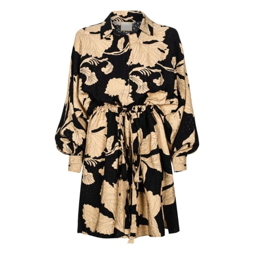 Oversize shirt dress in gold leaves on black background Bari by Swing