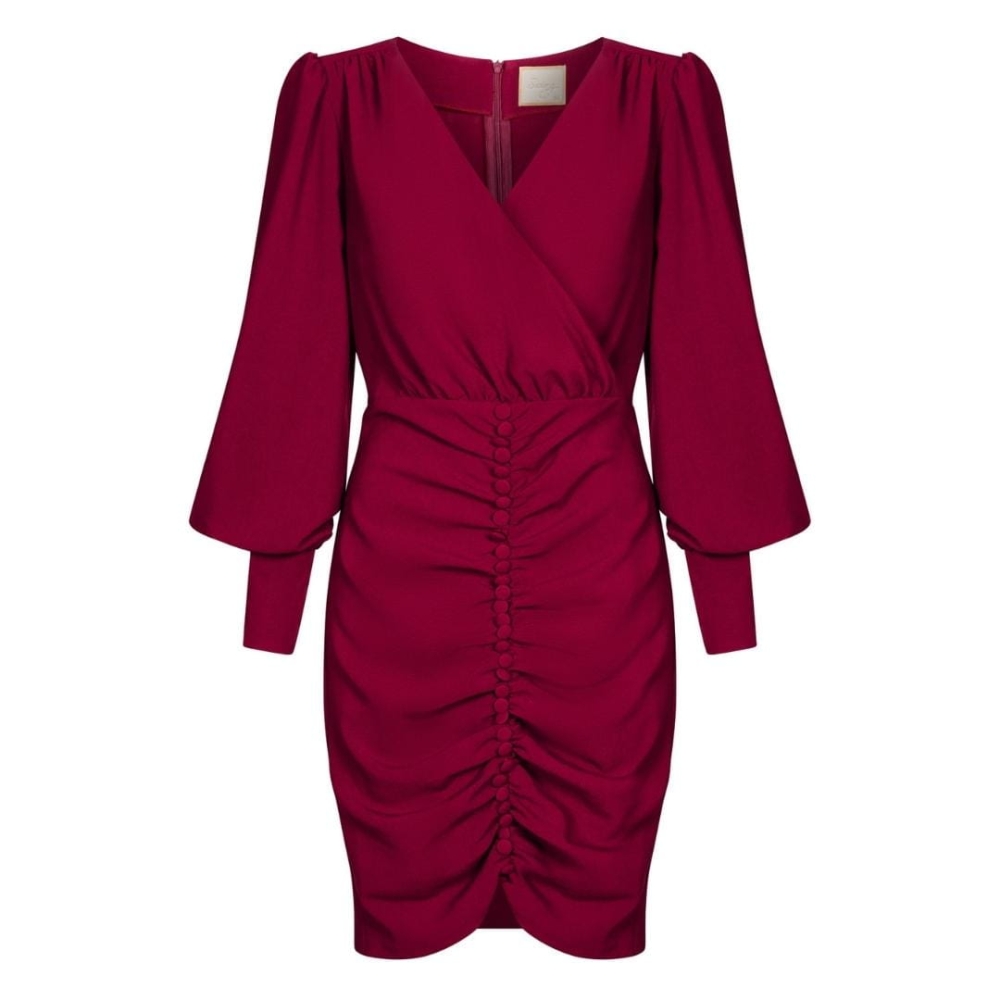 Bordowa elegancka ołówkowa sukienka z marszczonym dołem Luiza by Swing