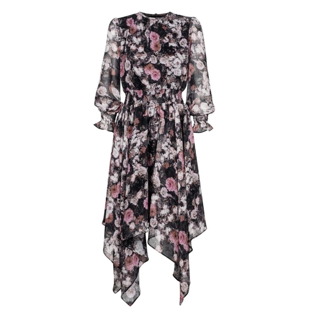 Zwiewna sukienka midi z długim rękawem z kwiaty na czarnym tle Rosanna by SWING