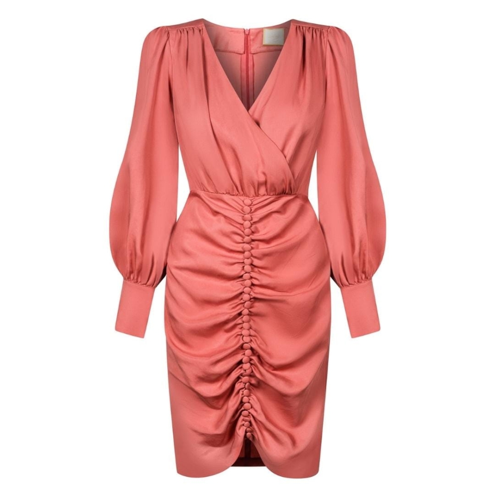 Łososiowa elegancka ołówkowa sukienka z marszczonym dołem Luiza by Swing