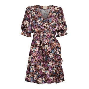 Envelope dress in a beautiful autumn pattern with buff sleeves and ruffles Sophia by Swing