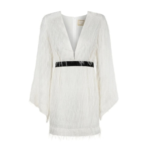 White mini dress with feathers and wide sleeves Paloma by Swing