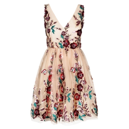 Beige sequin embroidered tulle mini dress with slightly flared cut Gloria by Swing