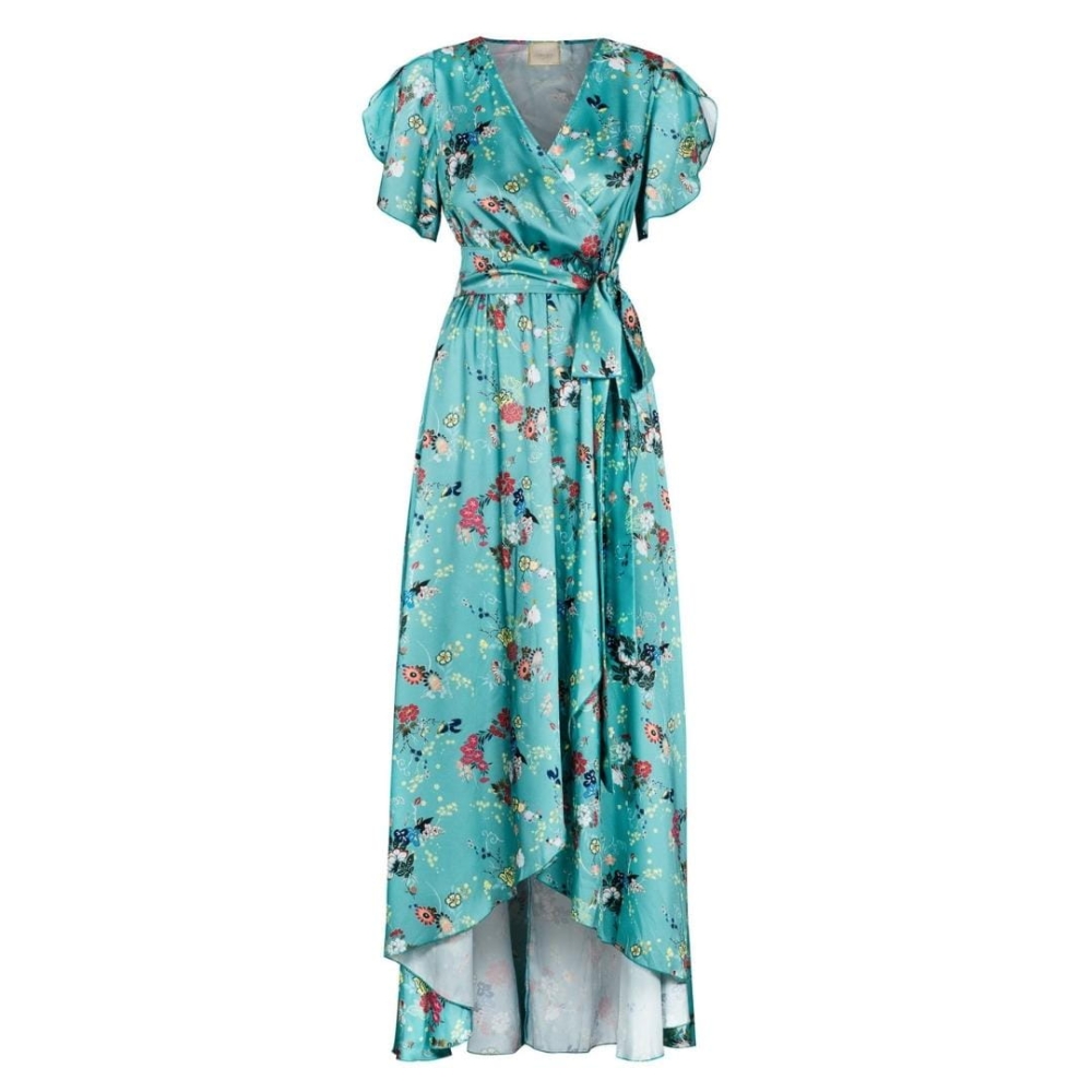 Długa sukienka zielona w kwiatki z krótszym przodem Irmina by Swing