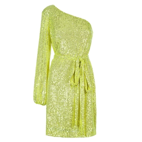 Green neon sequin one shoulder dress Marley by Swing