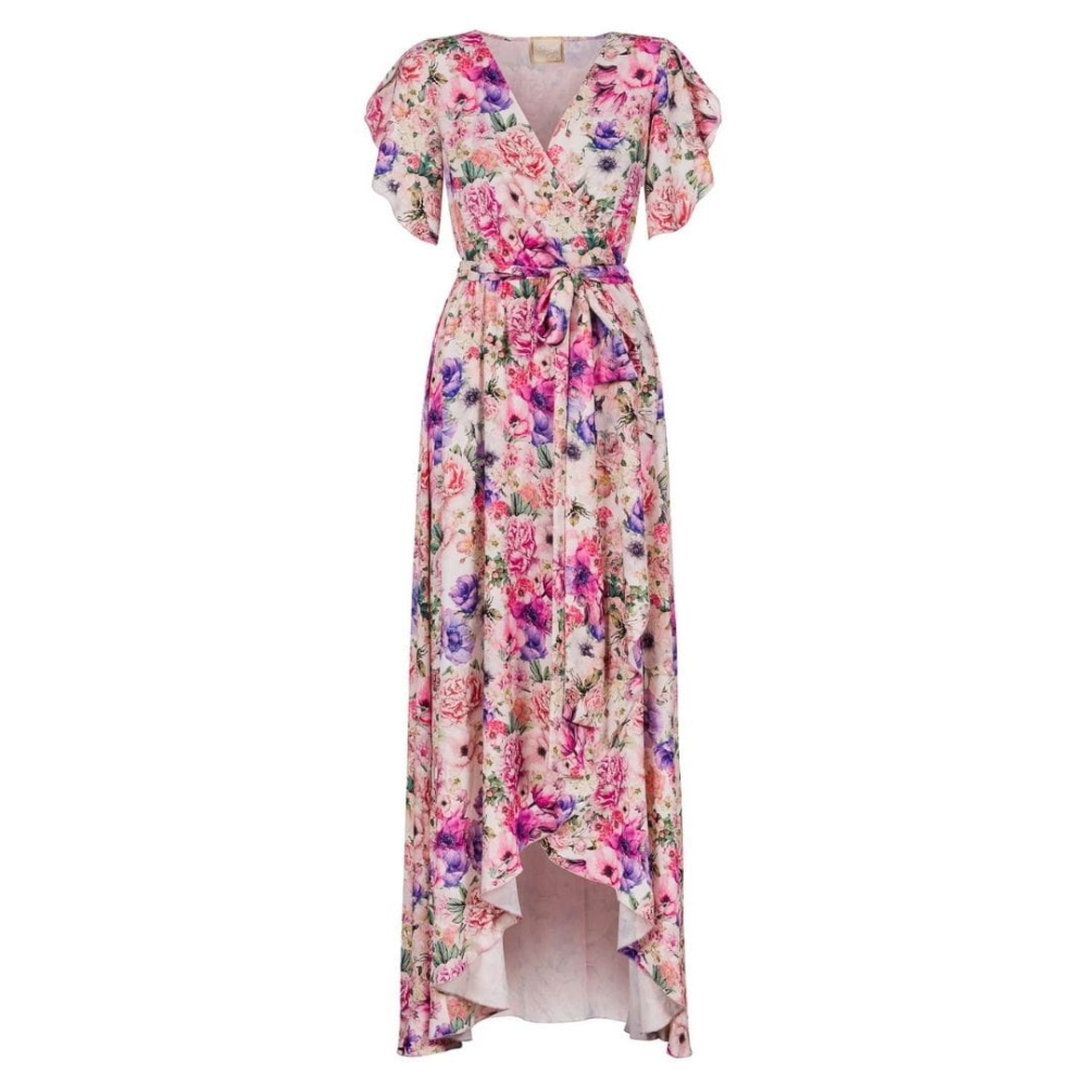 Kwiatowa długa sukienka z krótszym przodem Irmina by Swing