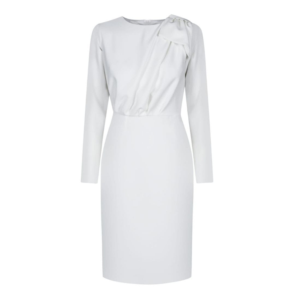 Biała ołówkowa sukienka z kokardą Bridget