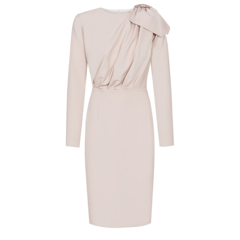 Beżowa ołówkowa sukienka z kokardą Bridget by Swing