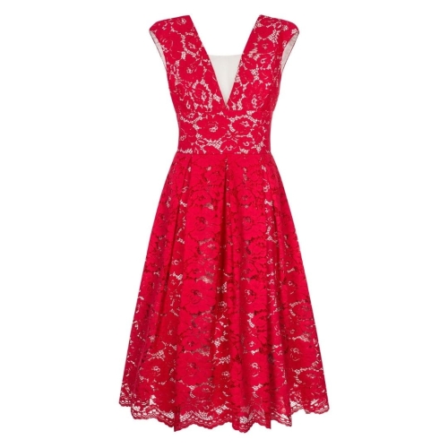 Red midi dress with deep neckline Ramona II by Swing