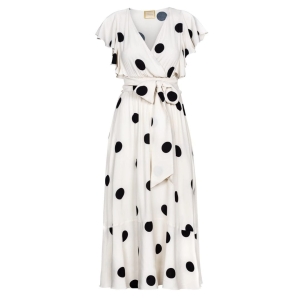 Beige ethereal lightly flared midi dress with black peas Melisa by Swing