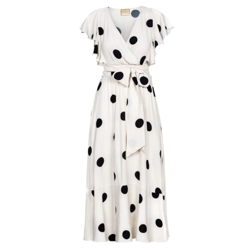 Beige ethereal lightly flared midi dress with black peas Melisa by Swing