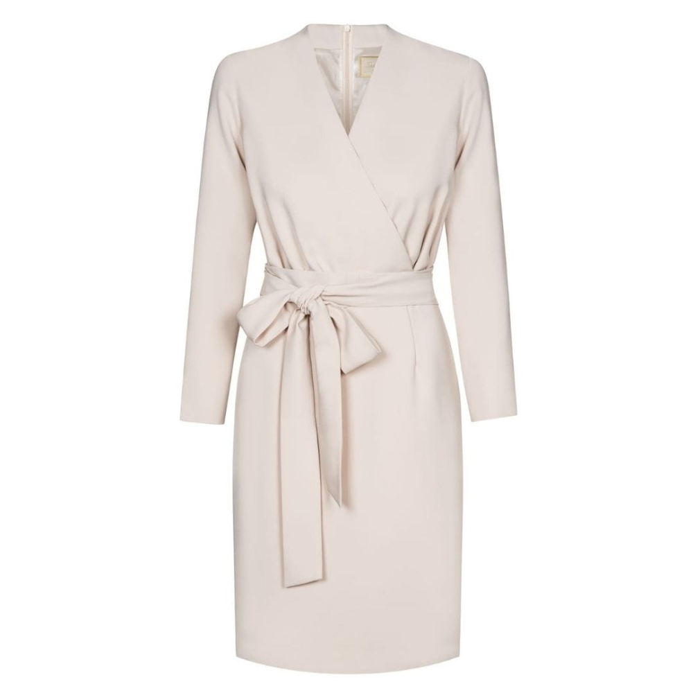 Beżowa ołówkowa sukienka Liliana z kopertowym dekoltem by Swing