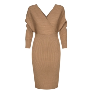 Beige sweater graphite dress with envelope neckline Laura