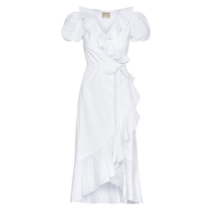 White embroidered midi dress by Como with buff short sleeves