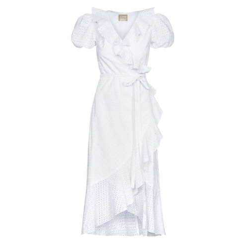 White embroidered midi dress by Como with buff short sleeves