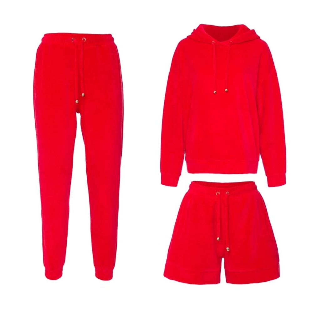 Czerwony trzyczęściowy welurowy dres z kapturem Fallon by Swing