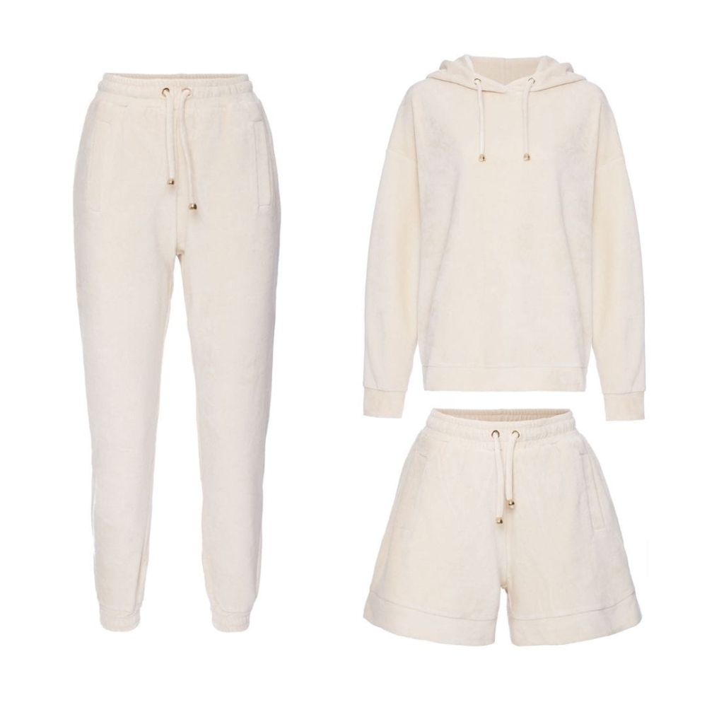 Ecru trzyczęściowy welurowy dres z kapturem Fallon by Swing